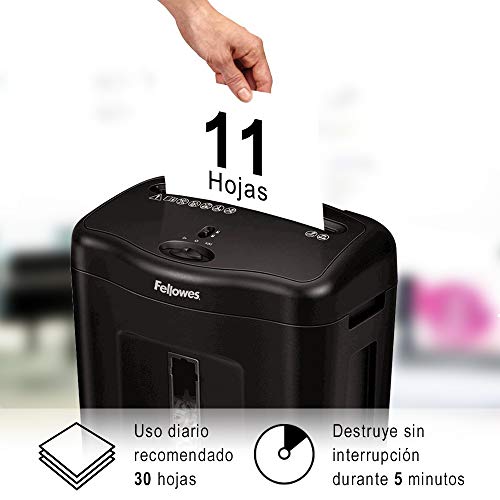 Fellowes 11C - Destructora trituradora de papel, corte en partículas, destruye hasta 11 hojas, uso personal, tritura tarjetas de crédito, color negro