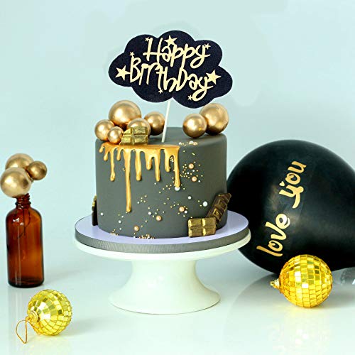 Femongy Happy Birthday Cake Toppers, Decoración para Tarta, 21 piezas Decoración para Tartas de cumpleaños, Cupcake Toppers Feliz cumpleaños nubes de oro negro con Bolas de oro y plata