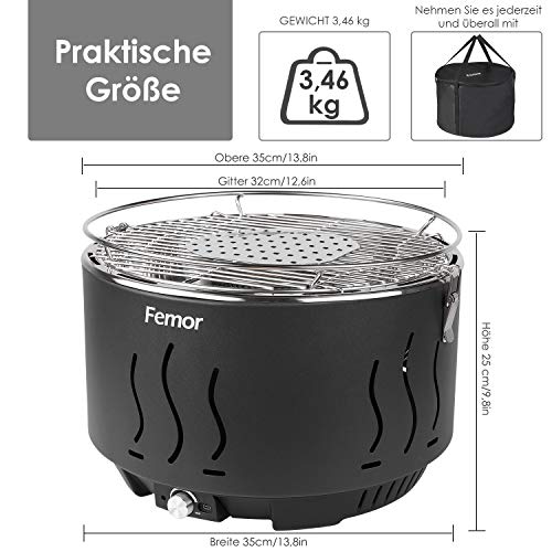 Femor Barbacoa de Carbón sin Humo, con Bolsa de Transporte, USB y Ventilador a Batería, Tiempo de Pcalentamiento de 3 Minutos, para Balcón, Acampada, Excelente Control de Temperatura