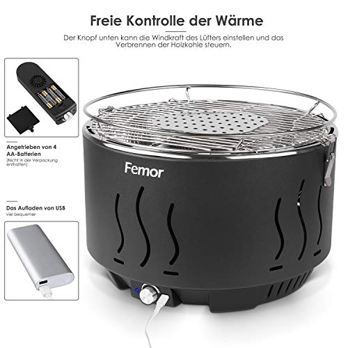 Femor Barbacoa de Carbón sin Humo, con Bolsa de Transporte, USB y Ventilador a Batería, Tiempo de Pcalentamiento de 3 Minutos, para Balcón, Acampada, Excelente Control de Temperatura