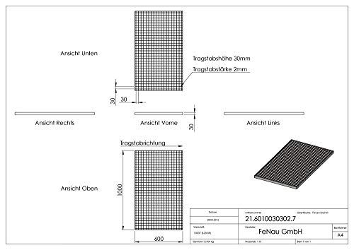 Fenau | Rejillas industriales Dimensiones: 600 x 1000 x 30 mm (MW: 30/30 mm) - Espesor del material: 2 mm - Carga sobre ruedas: 3,17 kN/Carga superficial (m²): 28,81 kN