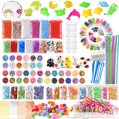 FEPITO 178 Pcs Slime Kit Accesorios incluyendo bolas espuma, bolas pecera, red, cubo esponja, modelo animal, confeti brillo, imitación hoja oro, papel azúcar, contenedores (no contienen limo)