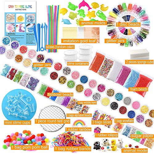 FEPITO 178 Pcs Slime Kit Accesorios incluyendo bolas espuma, bolas pecera, red, cubo esponja, modelo animal, confeti brillo, imitación hoja oro, papel azúcar, contenedores (no contienen limo)