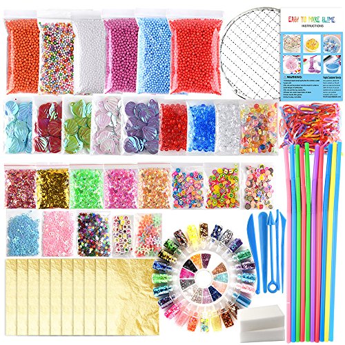 FEPITO 84 Pcs Slime Kit incluyendo Bolas espuma, Bolas pecera, Red, Cáscara, Cubo esponja, Rebanadas, Banda goma, Hoja oro imitación, Papel de azúcar, Confeti (No contiene limo)