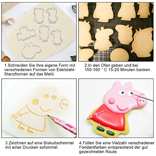 FHzytg - 6 moldes para galletas de Peppa Pig con 6 tarjetas impresas para niños – Peppa Pig, cerdo de George Papa Cerdo, Mummy Pig, cabeza de cerdo, placa de medición – Acero inoxidable