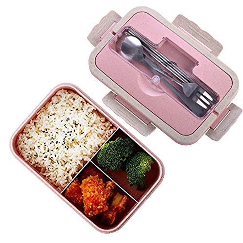 Fiambreras bento, Fiambrera de seguridad de trigo natural de 1000 ml con tenedor palillos cuchara para niños y adultos, apta para microondas y lavavajillas (rosa)