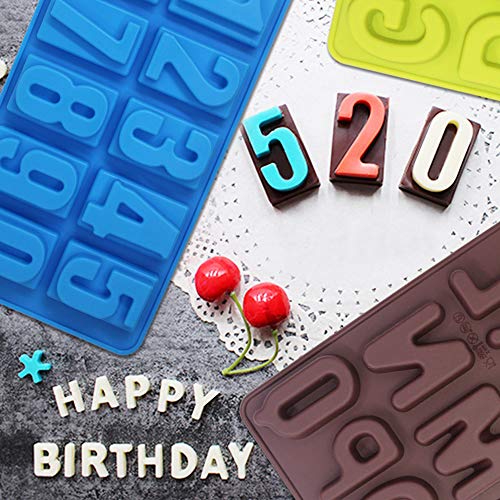 FineGood - 4 moldes de silicona con números de alfabeto, moldes para dulces de chocolate con 26 letras y números, bandejas para hornear caramelos, moldes para galletas y cubitos de hielo