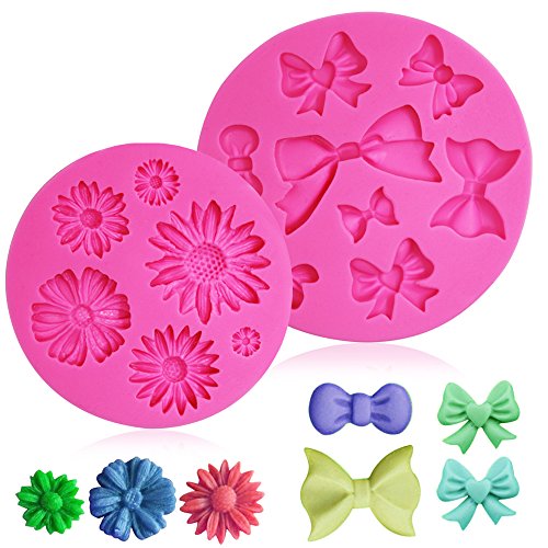 FineGood - Moldes decorativos de silicona para tartas (2 unidades), diseño de flor de crisantemo y pajaritas, para chocolate, fondant, azúcar, jabón, decoración, moldes para tartas, color rosa