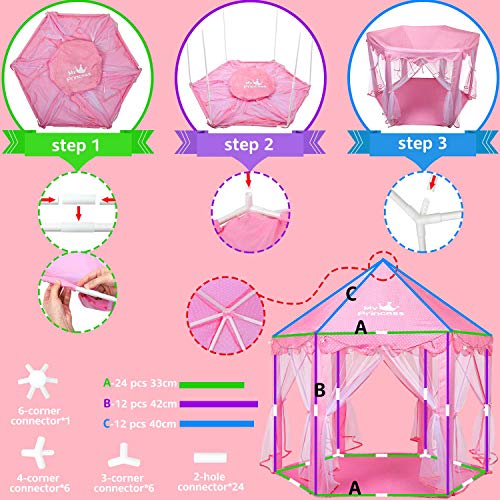 Fivejoy Tienda de Princesa, Princesa Interior Tiendas, Castillo Princesas, Juego de Castillo Princesa para Niñas con Support de PVC, 2 Modos de Luces de Estrellas, 140 x 135 x 140 CM (DxHxW) - Rosa