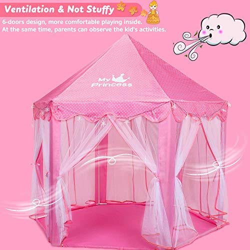 Fivejoy Tienda de Princesa, Princesa Interior Tiendas, Castillo Princesas, Juego de Castillo Princesa para Niñas con Support de PVC, 2 Modos de Luces de Estrellas, 140 x 135 x 140 CM (DxHxW) - Rosa