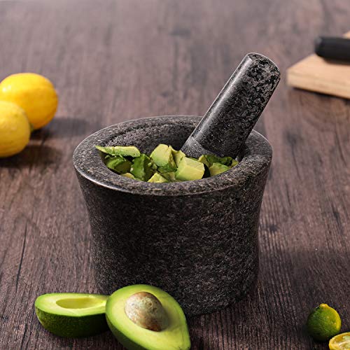 Flexzion Set de mortero y maja de piedra granito, Tazón machacador y pilón para machacar guacamole, hierbas, especias, ajo, píldoras medicinales y granos, 5.5 Pulgadas 14 cm, Color Gris