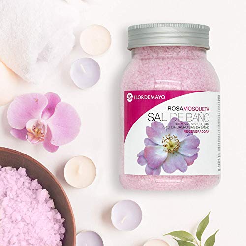 Flor de Mayo, Sal de Baño Mineral Aromática Rosa Mosqueta, Spa Belleza Relajante para Pedicura, Jacuzzi, Bañera. Bote 650g.