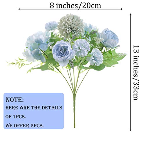 Flores artificiales, ramo de hortensias falsas de peonía de seda azul de plástico azul de 2 piezas, arreglos florales realistas para bodas, centros de mesa, hogar, oficina, fiesta