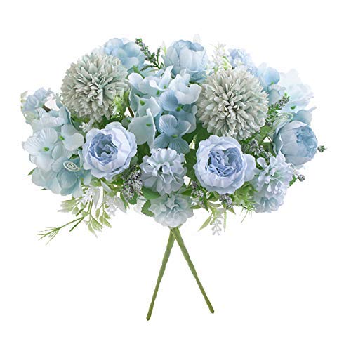 Flores artificiales, ramo de hortensias falsas de peonía de seda azul de plástico azul de 2 piezas, arreglos florales realistas para bodas, centros de mesa, hogar, oficina, fiesta