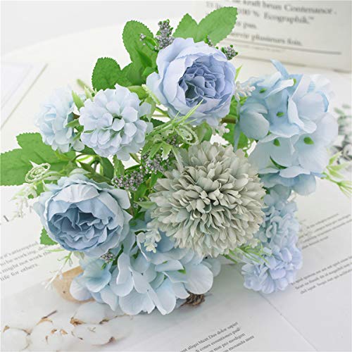 Flores artificiales, ramo de hortensias falsas de peonía de seda azul de plástico azul de 2 piezas, arreglos florales realistas para bodas, centros de mesa, hogar, oficina, fiesta