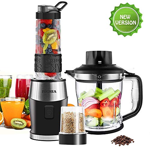 FOCHEA Batidora de Vaso 700W, 3 en 1 Multifuncional Batidora para Smoothies y Zumos, Picadora Eléctrica para Carne Verduras y Fruta, Molinillo para Café y Especias, con 3 Vasos, Libre de BPA, Negro