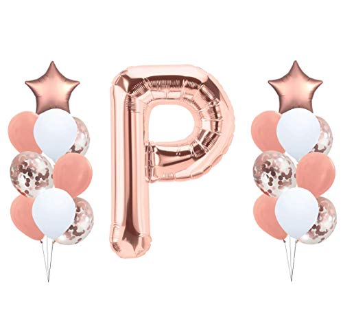 Folienballon Buchstabe Globo de plástico con Letras XXL de la A a la Z en Oro Rosa 81 cm + Globos en Blanco y Oro Rosa + Confeti + cordón para Globos Mega Foil Balloon Set en Oro Rosa P230