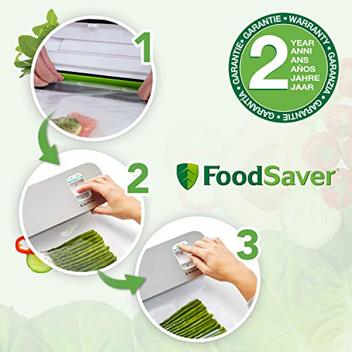 FoodSaver VS1191X - Envasadora al vacío de alimentos compacta con accesorio sellador manual, 1 rollo pequeño y 5 bolsas pequeñas, color plata con detalles blancos