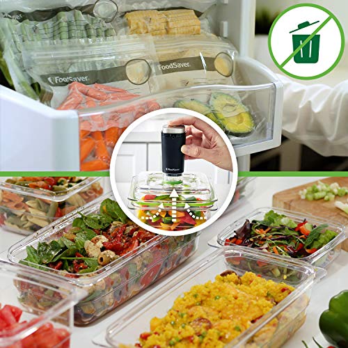 FoodSaver VS1192X - Envasadora al vacío de alimentos inalámbrica y portátil con base de carga, 1 recipiente para contenidos frescos y 5 bolsas con cremallera para contenidos frescos