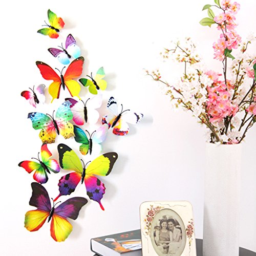 Foonii® 108 Piezas 3D Mariposa Pegatinas de Pared Etiquetas Engomadas Mariposas Decoración de la Pared Para Hogar Casa Habitación (12 Rojo,Azul, Amarillo,Verde,Rosa,Color, blanco, Realista, Púrpura)