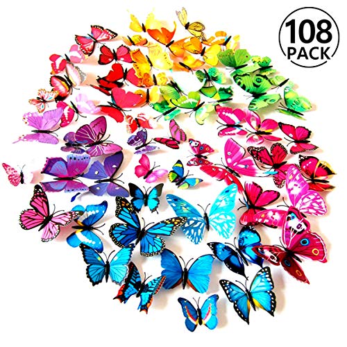 Foonii® 108 Piezas 3D Mariposa Pegatinas de Pared Etiquetas Engomadas Mariposas Decoración de la Pared Para Hogar Casa Habitación (12 Rojo,Azul, Amarillo,Verde,Rosa,Color, blanco, Realista, Púrpura)