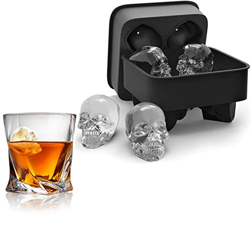 Forma de calavera 3D Forma de bandeja de molde de hielo de silicona libre de BPA negra con tapa para 4 calaveras vívidas, perfecta para whisky, cóctel y cualquier bebida (con mini embudo)