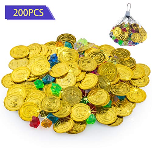 FORMIZON 100 Piezas de Monedas Doradas de Plástico de Pirata, 100 Piezas de Gemas Piratas, Monedas de Oro y Gemas Piratas del Tesoro Pirata para Fiestas Temáticas Piratas