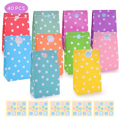 FORMIZON 40 Pcs Bolsas Regalo Papel, 10 Colores Patrón Puntos con Adhesivos Sellado para Niños Suministros Fiesta de Cumpleaños, Suministros Banquetes de Boda