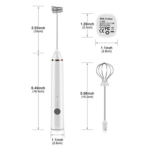 FORMIZON Batidora de Leche Eléctrico, USB Recargable Batidor de Huevos de Mano, Ajustable 3 Velocidades Batidor de Leche de Acero Inoxidable 304 para Café/Latte/Cappuccino(Blanco)