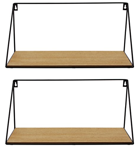 Frank Flechtwaren Serie de 2 estantes de pared, diseño simple y moderno, metal lacado negro mate, tabla de madera con grano natural