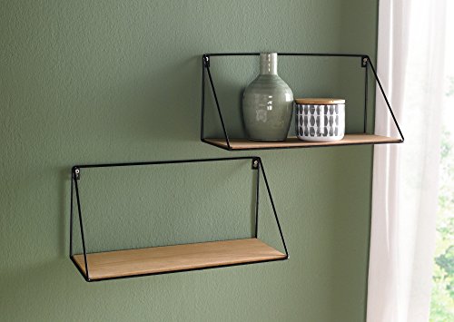 Frank Flechtwaren Serie de 2 estantes de pared, diseño simple y moderno, metal lacado negro mate, tabla de madera con grano natural