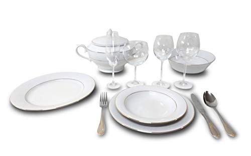 FranquiHOgar Vajilla Bremen 40 Piezas. Porcelana Blanca Dos filos Dorados