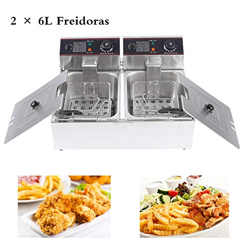 Freidora Doble Industrial,220-240V 12L Freidora Electrica Gran 5000W Doble Profesional Industrial De acero inoxidable Regulador de temperatura Fryer Sartén Comercial