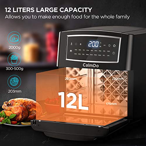 Freidora sin Aceite, CalmDo 12L Horno de Aire Caliente, 18 Programas para Freír, Asar, Deshidratar, Hornear, Recalentar, 1500W Temperatura y Temporizador Ajustable, con 10 Accesorios y Recetas