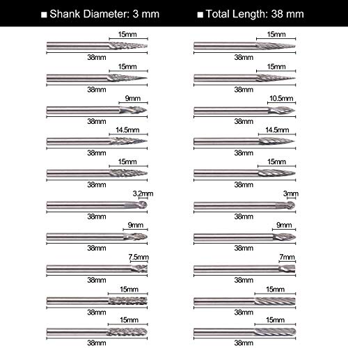 Fresas Perforadoras - GOXAWEE 20Pcs Juego de Fresas de Carburo de Tungsteno Rotary Archivos Diamante Rebabas / 3mm Vástago Herramienta Rotativa para Bricolaje Carpintería Tallado Grabado Perforación