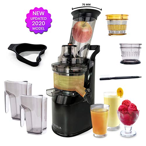 Fruta y Vegetal Cold Press Extractor de Jugo Slow Juicer, Sorbete y Helado de Frutas - Boca Ancha de 75MM, Extractor de Masticación Lenta, Sin BPA, 240W, Acero Inoxidable Negro Fridja f1900