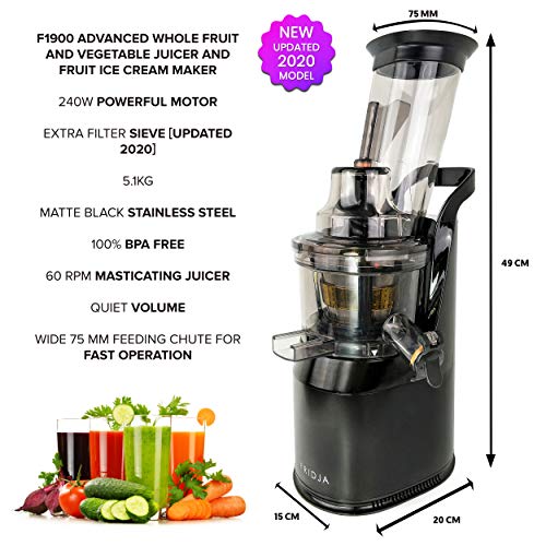 Fruta y Vegetal Cold Press Extractor de Jugo Slow Juicer, Sorbete y Helado de Frutas - Boca Ancha de 75MM, Extractor de Masticación Lenta, Sin BPA, 240W, Acero Inoxidable Negro Fridja f1900