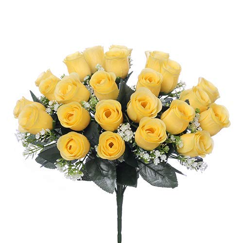 FS 41 cm Rosa de Seda Artificial Amarillo Arbusto con Gyp & Foliage 24 cabezas de flores - Boda Tumba Decoración del Hogar