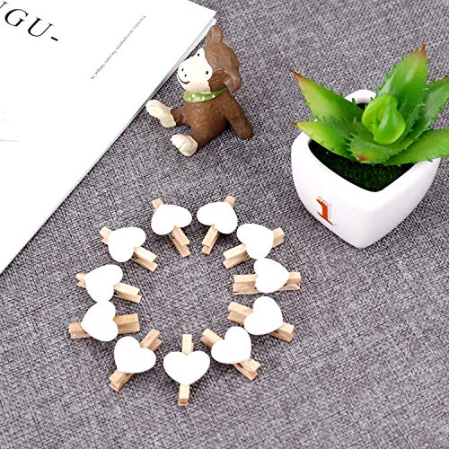 FT-SHOP Clips de Fotos de 100 Piezas Mini Pinzas de Madera Fotográfico Clavijas en Forma de Corazón Craft Clips con 30m Cordel de Yute para Foto Titular de Tarjeta de decoración y Bricolaje Artesanal