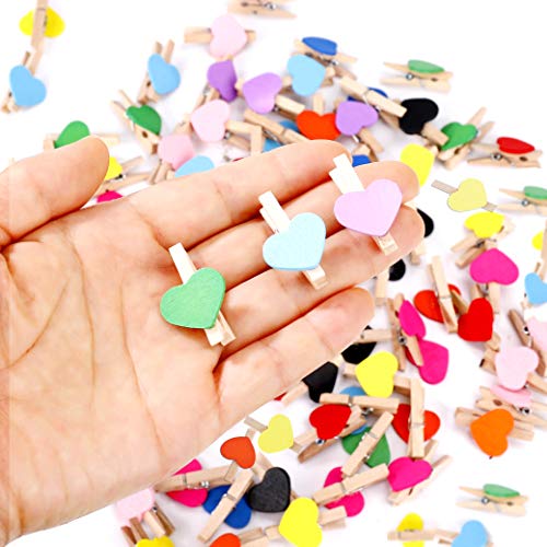 FT-SHOP Clips de Fotos de 100 Piezas Mini Pinzas de Madera Fotográfico Clavijas en Forma de Corazón Craft Clips con 30m Cordel de Yute para Foto Titular de Tarjeta de decoración y Bricolaje Artesanal