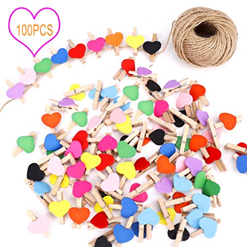 FT-SHOP Clips de Fotos de 100 Piezas Mini Pinzas de Madera Fotográfico Clavijas en Forma de Corazón Craft Clips con 30m Cordel de Yute para Foto Titular de Tarjeta de decoración y Bricolaje Artesanal