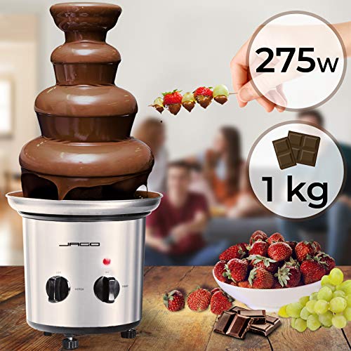 Fuente de Chocolate de 4 Pisos - 275W, Torre de Acero Inoxidable de Altura 39cm, Capacidad 1Kg, Apta para Lavavajillas, Plateado - Fondue Eléctrica con Niveles