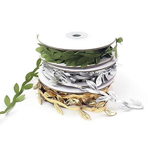 FUJIE 3 Rollos Enredaderas artificiales vides plantas artificiales Cinta de Raso con hojas de ratán verde para decoración de Boda o hogar, Oro / plata / verde