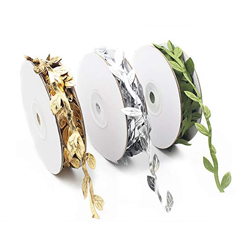 FUJIE 3 Rollos Enredaderas artificiales vides plantas artificiales Cinta de Raso con hojas de ratán verde para decoración de Boda o hogar, Oro / plata / verde