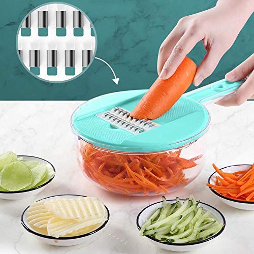 FUKTSYSM Cortador de Verdura Mandolina - 8 en 1 Rebanador de Verdura Cortador de Verdura Mandolina de Verduras, Cocina Slicer Rallador de Cuchillas Acero Inoxidable, Pelador, Protector de Manos