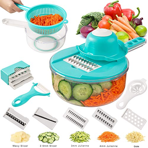 FUKTSYSM Cortador de Verdura Mandolina - 8 en 1 Rebanador de Verdura Cortador de Verdura Mandolina de Verduras, Cocina Slicer Rallador de Cuchillas Acero Inoxidable, Pelador, Protector de Manos