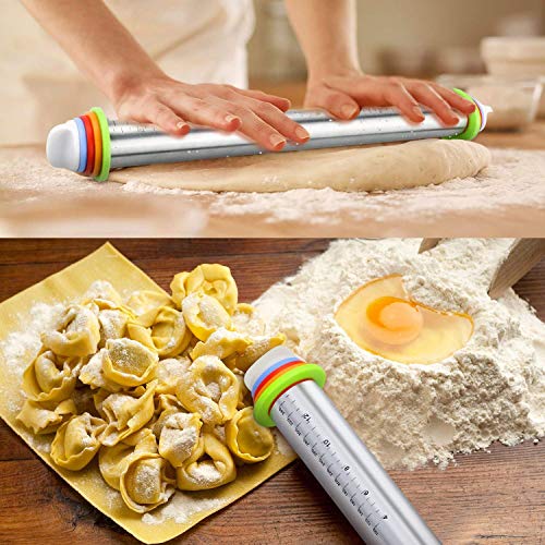 FUKTSYSM Rodillo de Amasar - con 4 Discos Ajustables Anillo y marcaje de medición, Rodillo Acero Inoxidable Rolling Pin para Hornear Pastas para Pizza y Galletas de pastelería o Estilo francés