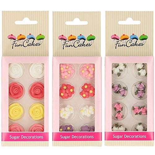 Fun Cakes - Pack de Decoraciones de Azúcar/fondant para cupcakes, muffins, tartas, galletas. (Pack Flores)