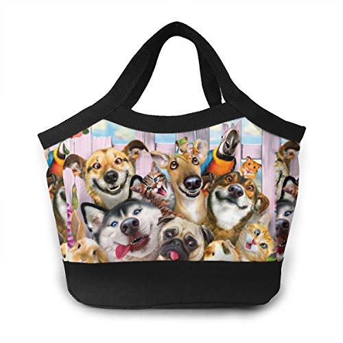 Funny Dogs and Gats Garden Party Women Lonchera térmica reutilizable bolsa de almuerzo contenedor de comida gourmet bolsa de almuerzo para la escuela, trabajo, oficina, niños y hombres