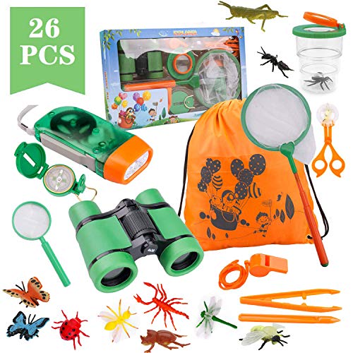 Funny House Exploración para Niños,26 Piezas Outdoor Explorer Kit Aventura al Aire Libre Juguetes 3-10 años Educativos Regalo de Cumpleaños para Niños con Mochila Brújula Binoculars